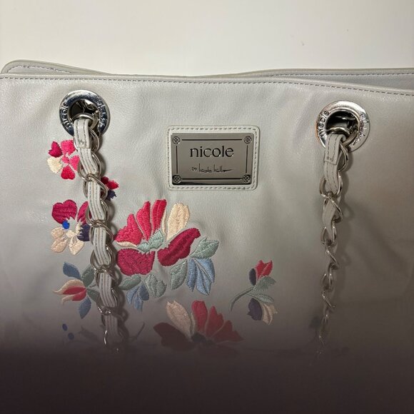 Nicole Miller Floral Embroidered Gray Purse Chain Straps Shoulder Bag - Picture 6 of 12